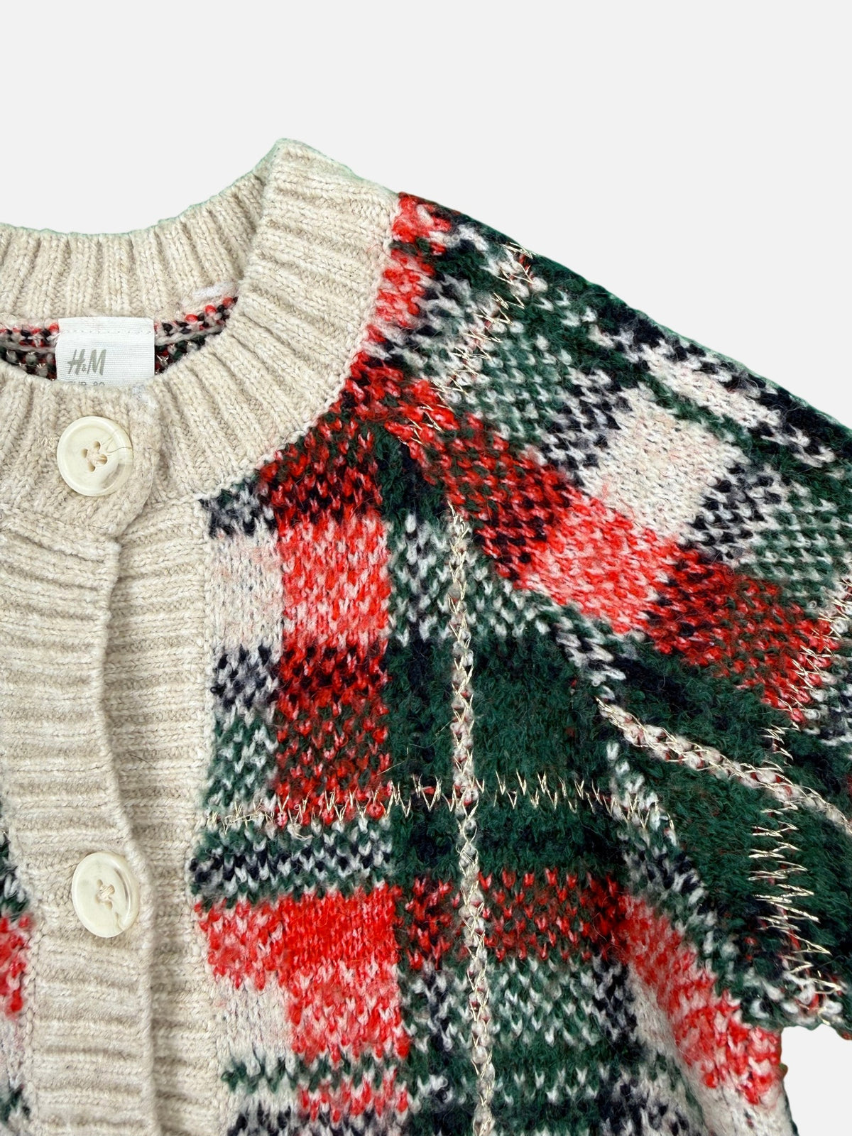 H&M Strickjacke Grün-Rot-Beige kariert