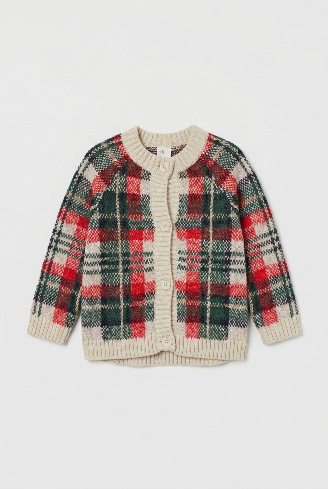 H&M Strickjacke Grün-Rot-Beige kariert