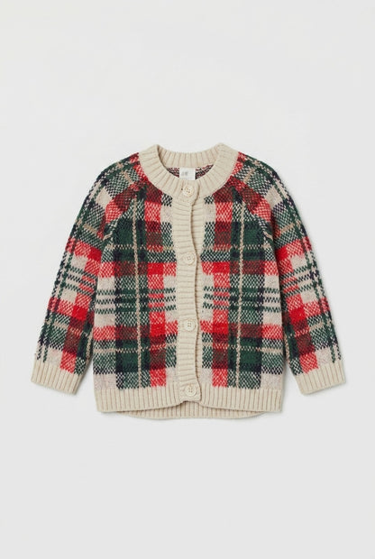 H&M Strickjacke Grün-Rot-Beige kariert