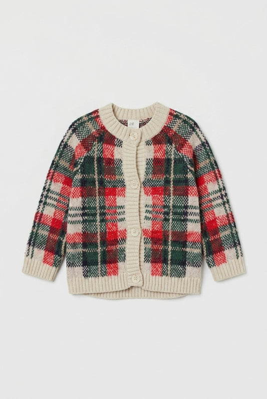 H&M Strickjacke Grün-Rot-Beige kariert