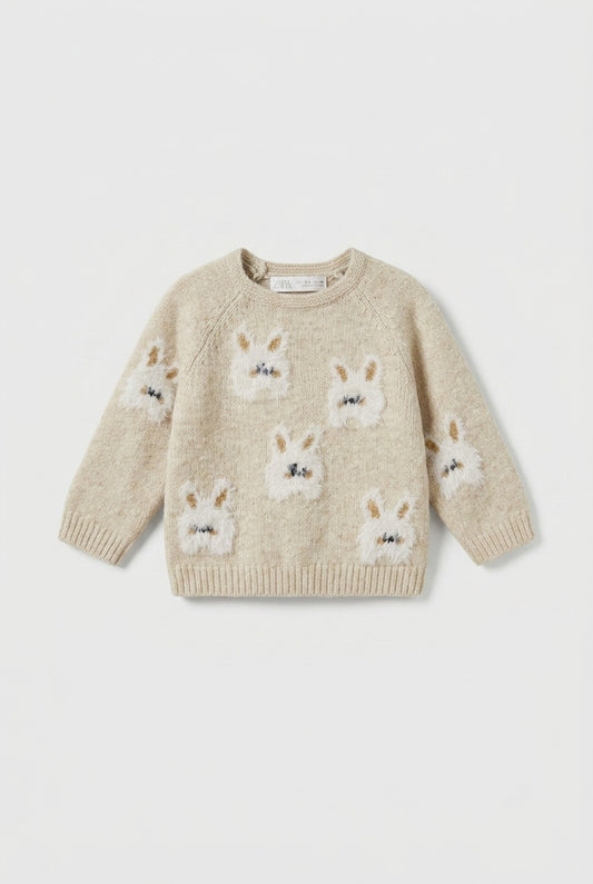Zara Strickpullover in Beige mit Hasenmotiv