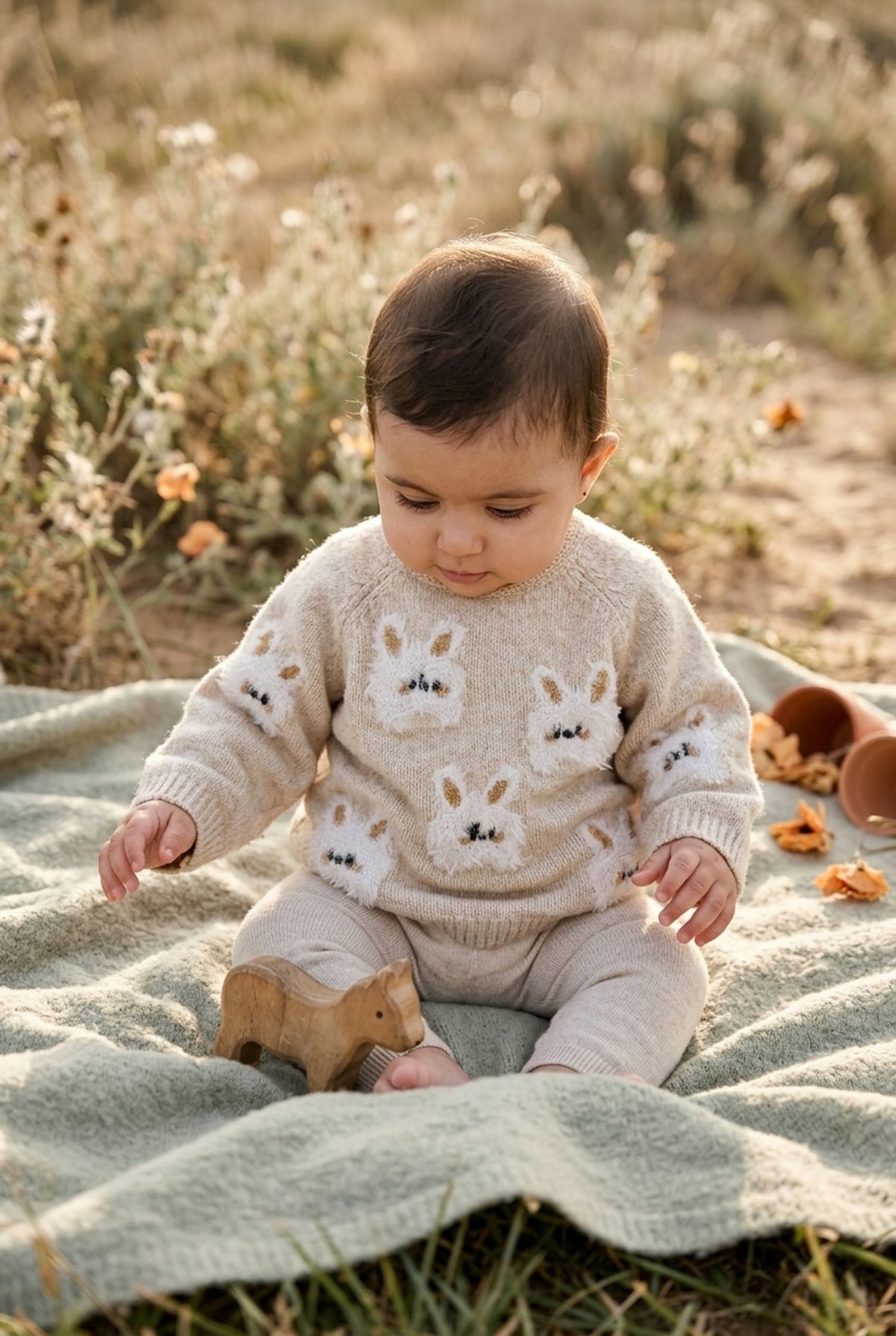 Zara Strickpullover in Beige mit Hasenmotiv